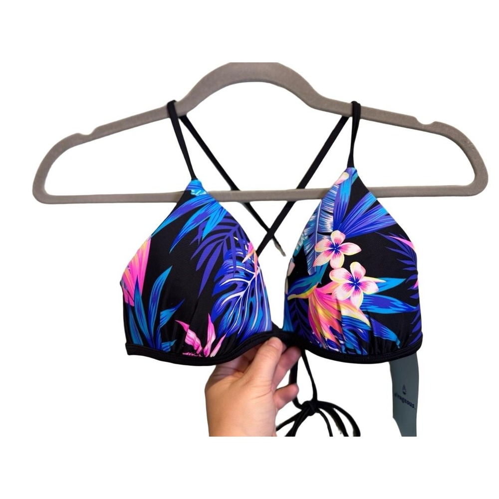 O'Rageous Bikini Top M Juniors Black Multi Tropical Floral Push Up Triangle NWT